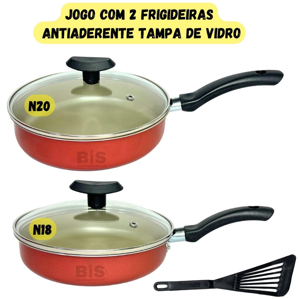 Conjunto Frigideira Antiaderente Tampa de Vidro Conjunto Jogo Com 2 Frigideiras Teflon N18 e 20cm Vermelha + Espatula