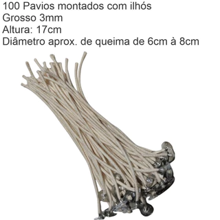 100 Pavios montados com ilhós (grosso 3mm) 17cm