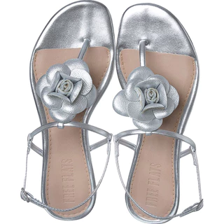 Sandália Feminina Rasteirinha Free Flats Flor Metalizado Prata Macia Conforto Verão