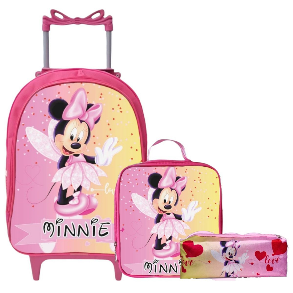 Mochila Rodinha Menina Infantil + Lancheira + Estojo – Kit Minnie