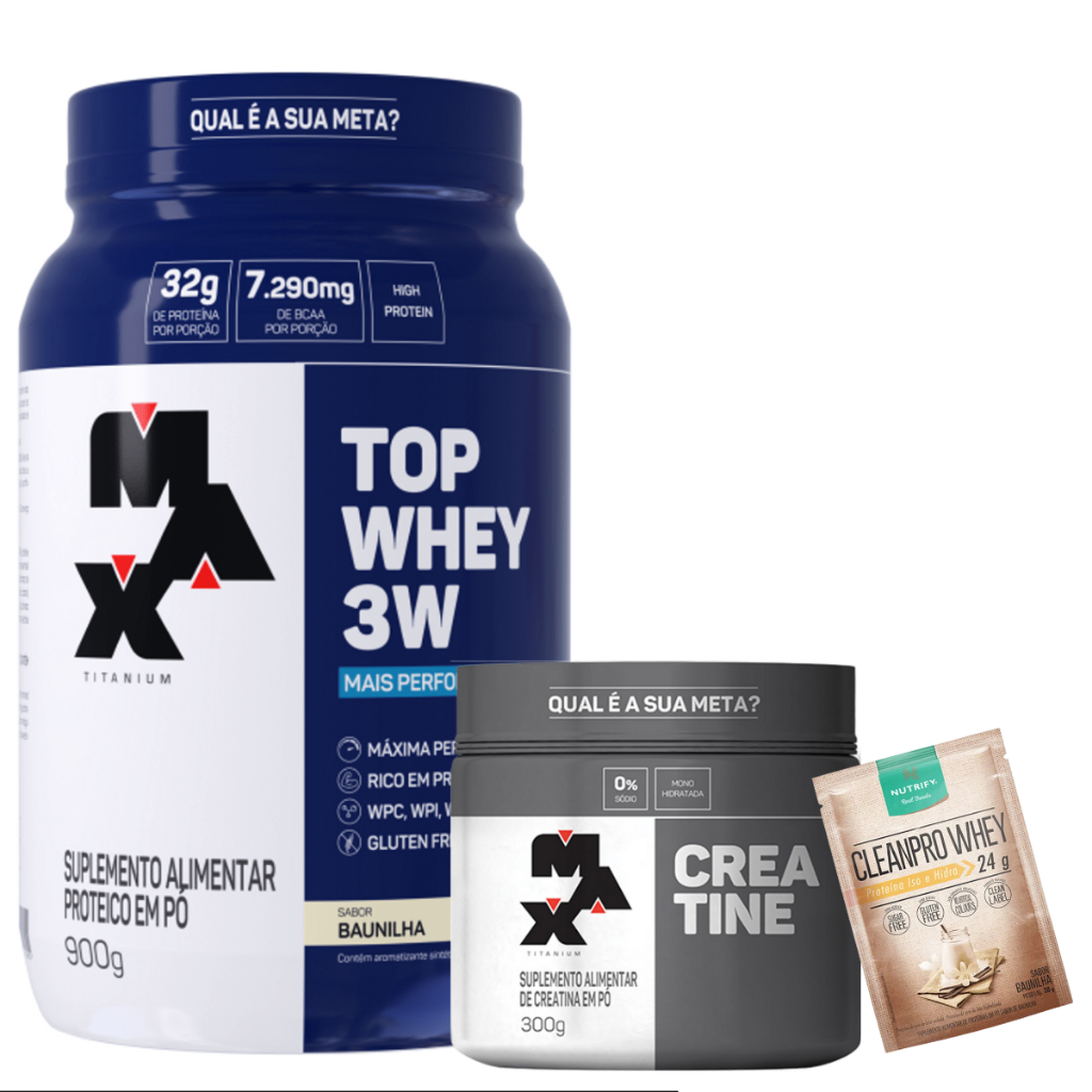 Kit Top Whey 3W + Performance 900G + Creatina – 300g – Max Titanium MonoHidratada + Dose