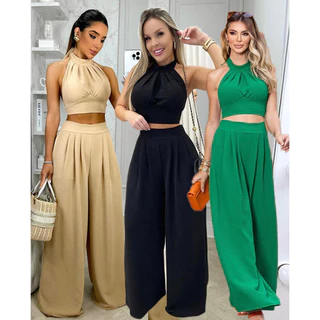Conjunto feminino duna areia calça pantalona e cropped com bojo amarração nas costas modelo Libiana elegante
