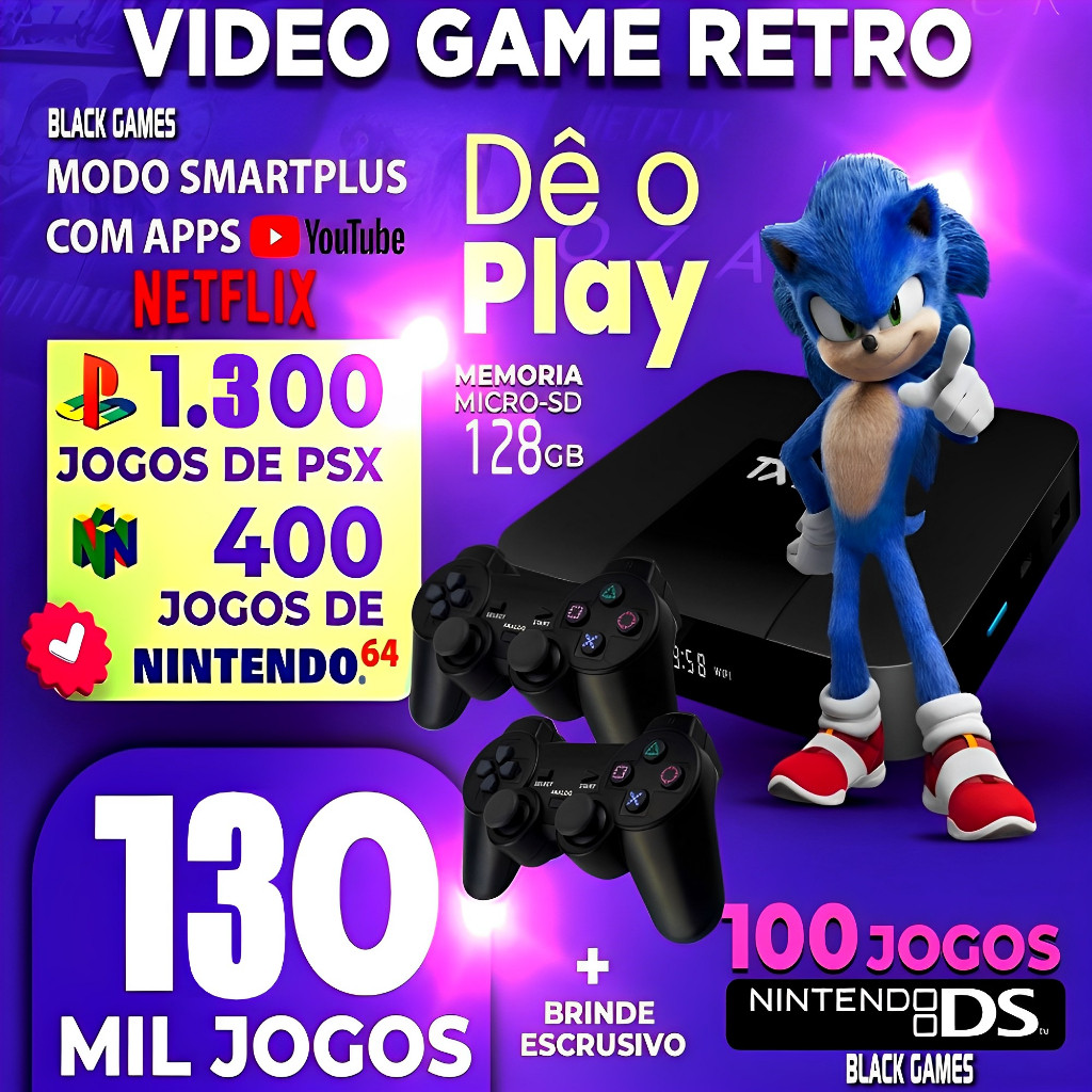 Vídeo Game Retro Elite + 130.000 Mil Jogos Clássicos 128GB 2 Controles Com Fio Premium