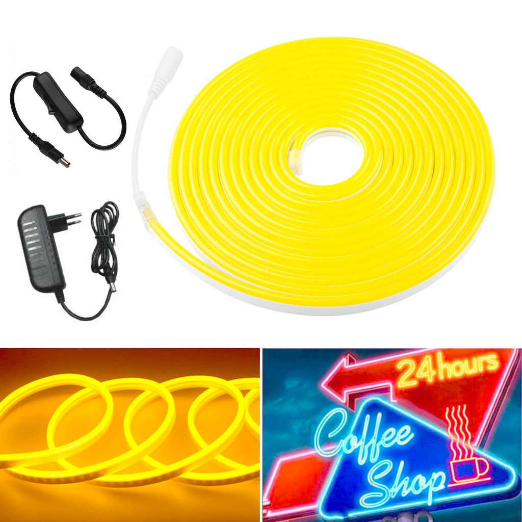 Fita Led Neon 5m Amarelo 12v Com Fonte 3A e Interruptor P4 liga desliga ...