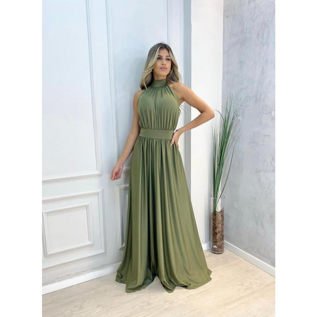 Vestido Verde Vestido Basico Soltinho Vestido Longo Alcinha Fendas