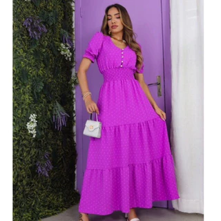 Vestido longo moda feminina tecido duna pipoca...E Duna Lizo... manga princesa moda com botão de Perola