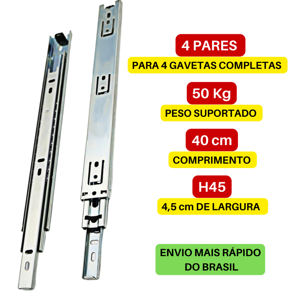 4 Pares Corrediça Trilho Gaveta Reforçada Telescópica p/ 50kg 40cm ...
