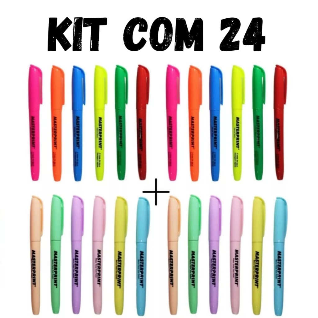 Kit 24 Marca Texto (12 Neon + 12 pastel) Masterprint