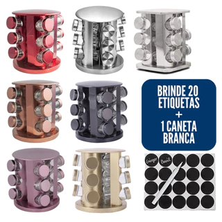 Porta Tempero Condimentos Inox Giratório 12 Potes Acompanha 20 Etiquetas + 1 Caneta Branca