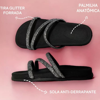 Sandália Papete Glitter Birken Rasteirinha Feminina Brilho Chinelo Confortável Frete Grátis