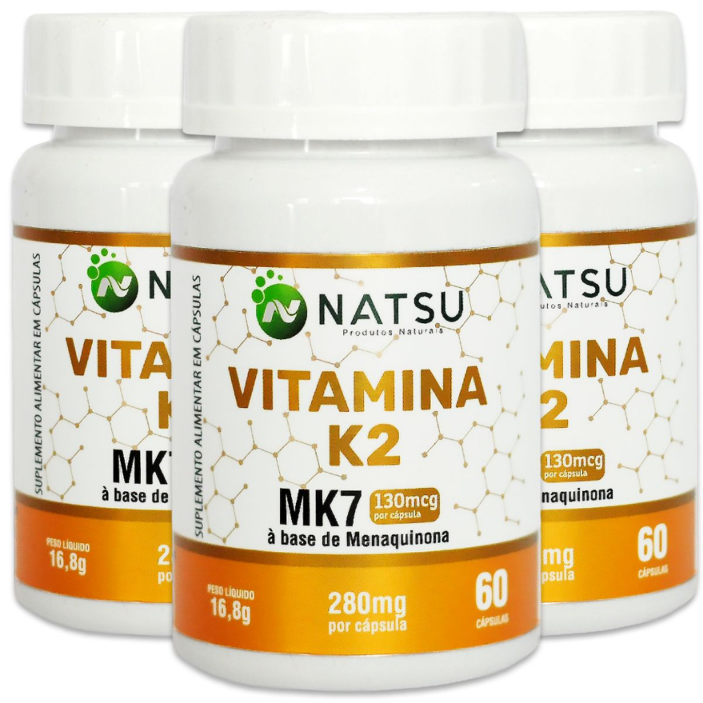 Kit com 3 Vitamina K2 MK7 Natsu Produtos Naturais 180 Cápsulas 130mcg menaquinona 7