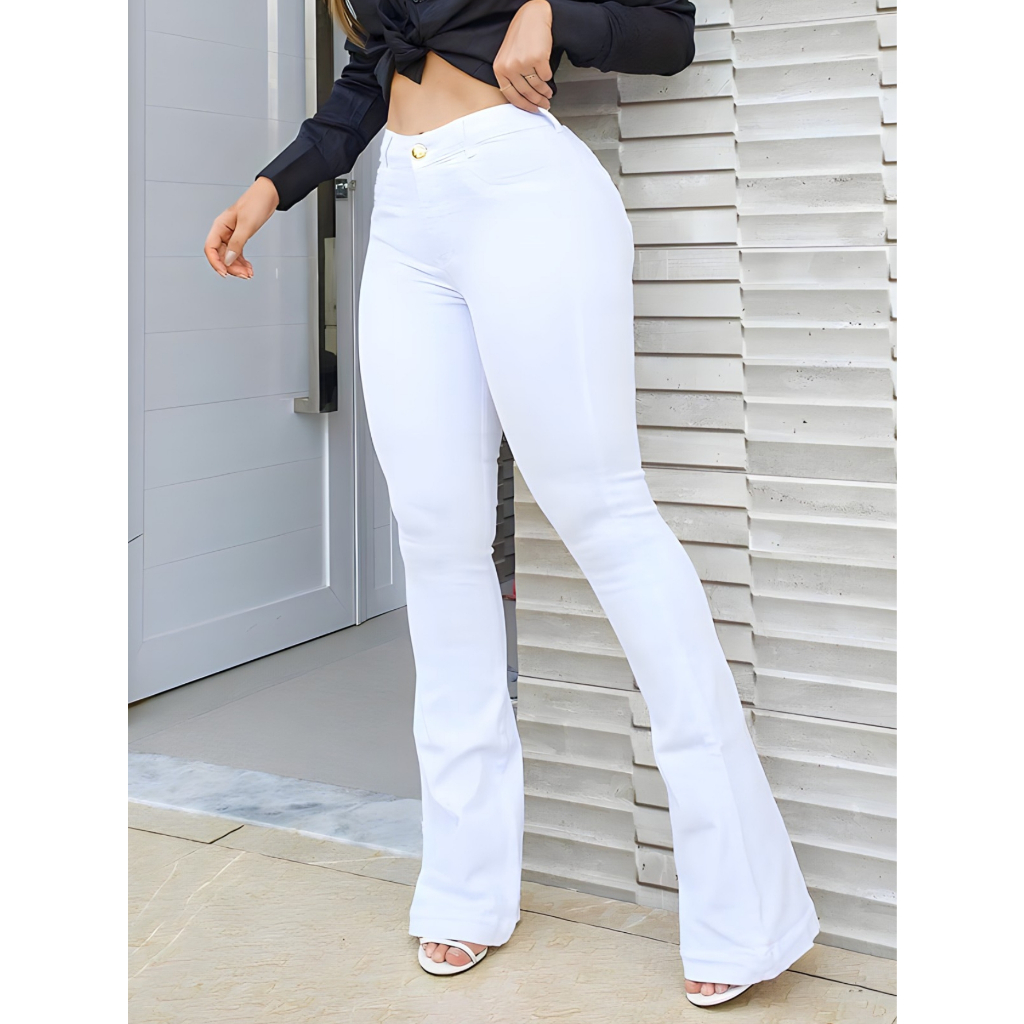 Calça Flare Jeans Branca Cintura Alta Empina Bumbum Moda Feminina