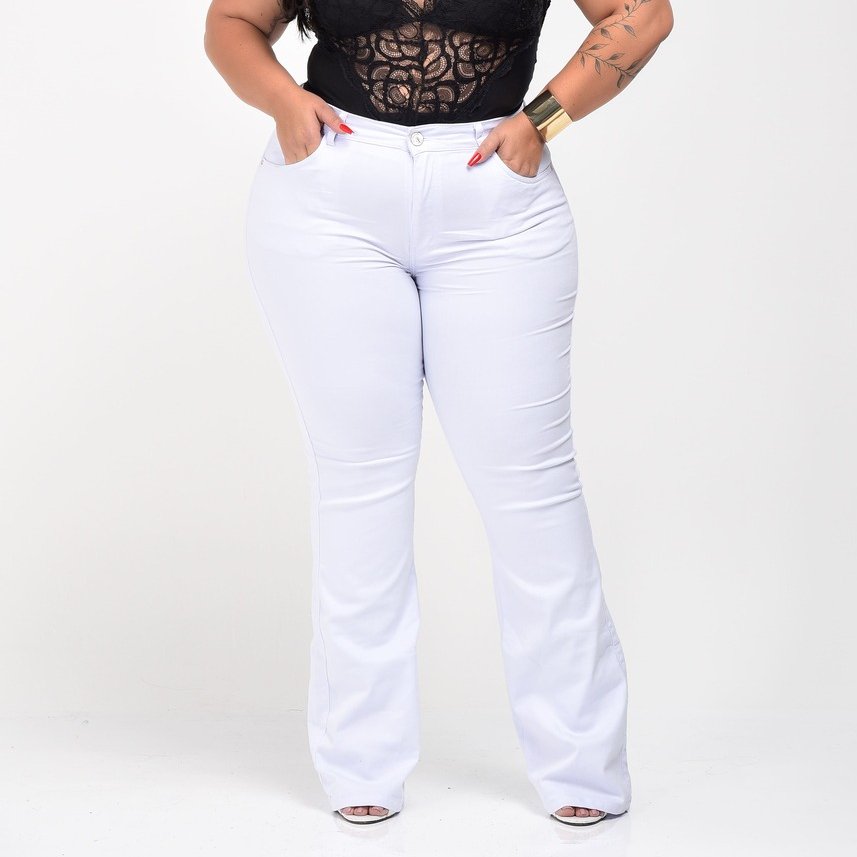 Calça Feminina Sarja Branca Flare Plus Size Cintura Alta | Shopee Brasil