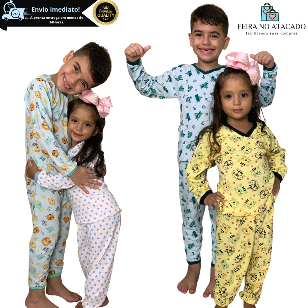 Pijama Infantil Manga Longa Menino e Menina Para Dormir Confortável ...