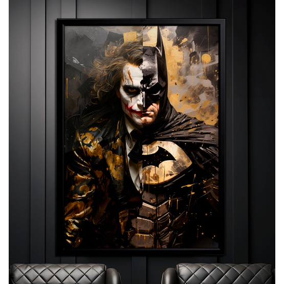 Quadro Decorativo 110x80cm Batman E Coringa Fundo Preto e Dourado DC Hall Casa Sala Quarto Decoração De Parede Mdf Adesivo Grande Dbox