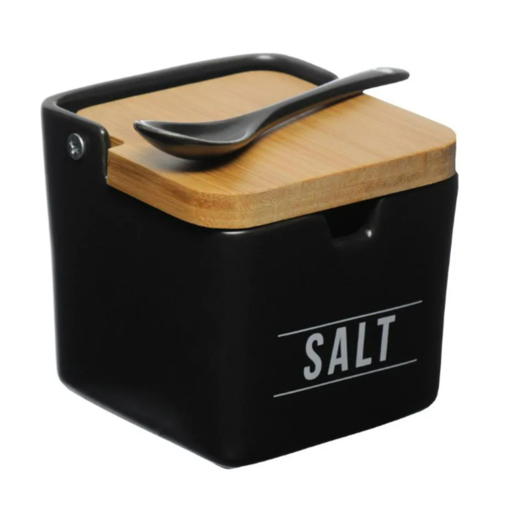 Saleiro em Porcelana com Tampa de Bambu e Colher de Porcelana Hauskraft Premium