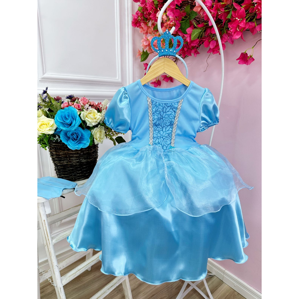 Vestido Infantil de Festa Azul Bebê Luxo Realeza Princesa Menina Cinderela  Frozen Elsa