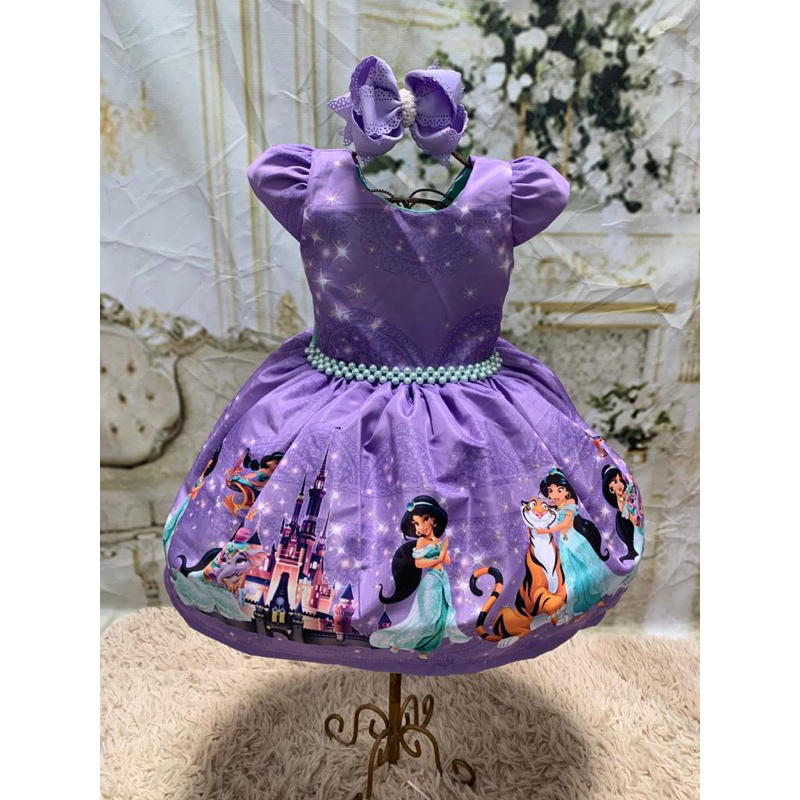 Vestido Infantil Lilás Lavanda Princesa Sofia Jasmine Ariel Tiara Luvas  Fantasia Carnaval Aniversário Temático Princesas Presente Menina Festa Luxo  Rodado