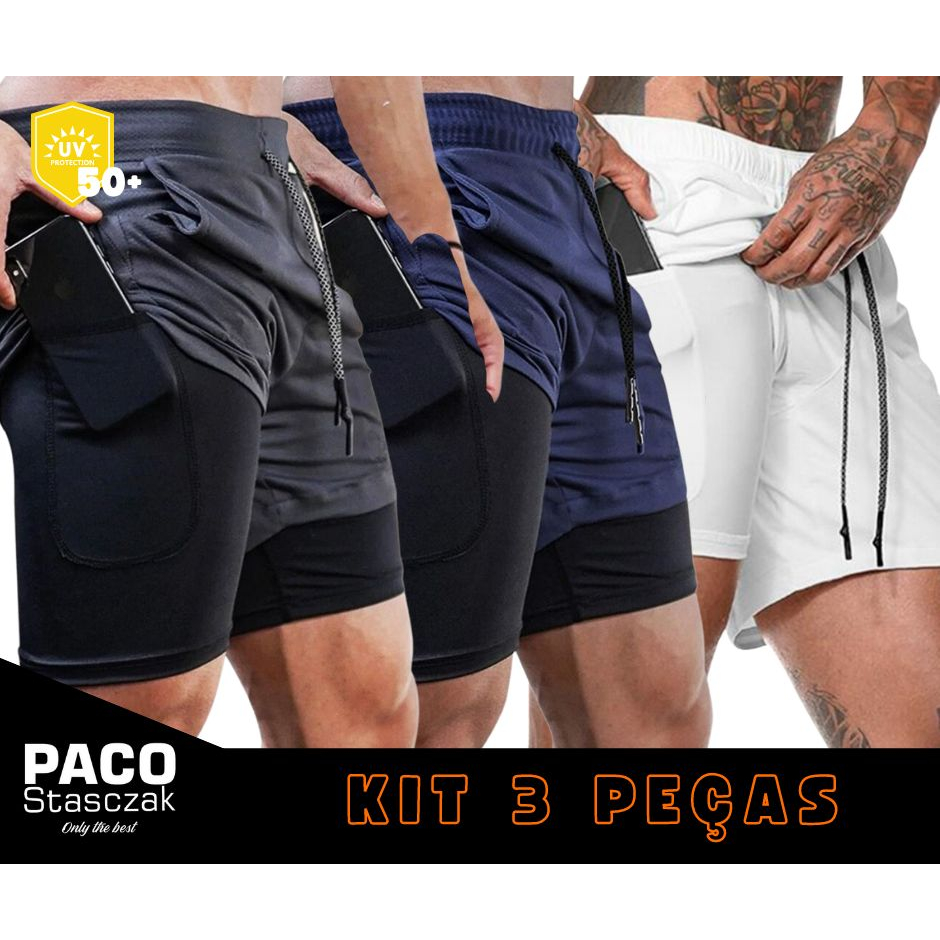 KIT 3 SHORT 2 EM 1 DUPLO PARA TREINO, ACADEMIA, CORRIDA ESPORTIVO DRYFIT COM PROTEÇÃO UV