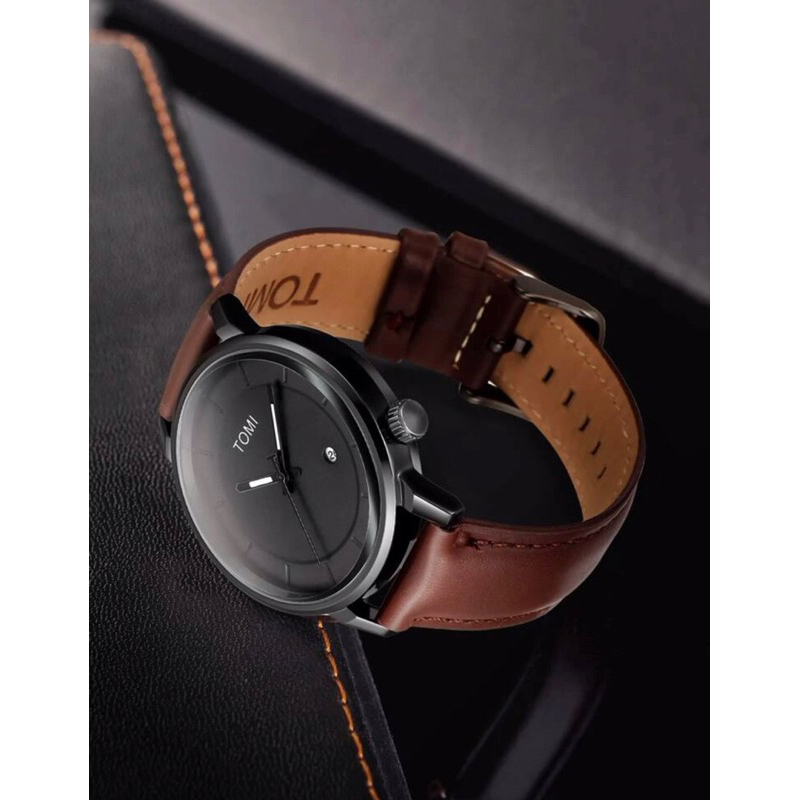 Relogio masculino pulseira café de couro sintetico