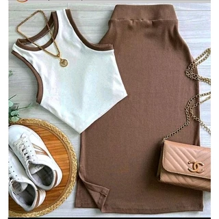 Conjunto Feminino Cropped e Saia Midi Ribana Canelada - Moda Bloguerinha Casual