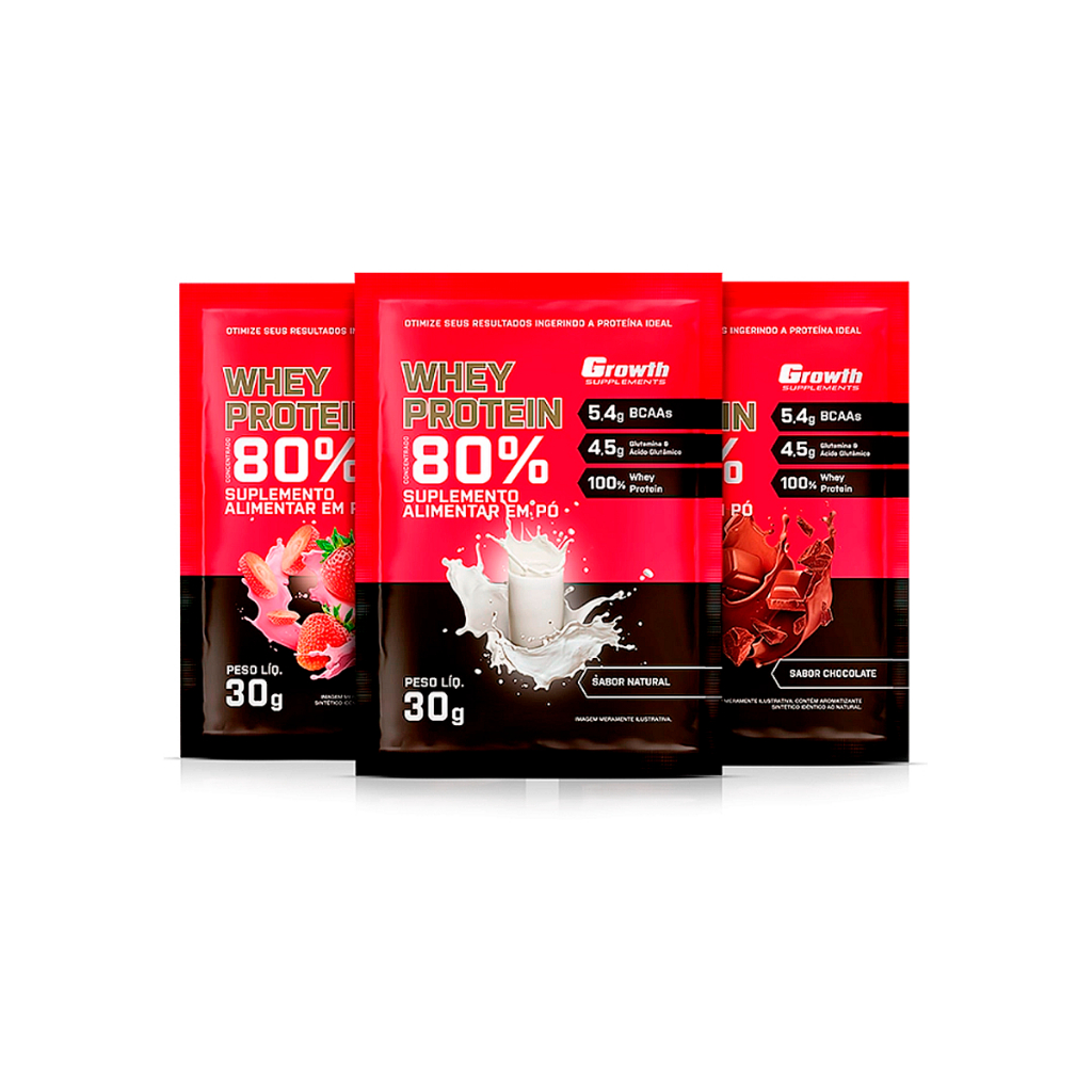 5x Sachês Whey Protein 80% de 30g cada Growth Supplements – Vários sabores