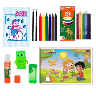 Kit Escolar Volta às Aulas c/9 itens - Papelaria - Material Escolar - Caderno De Desenho - Giz De Cera - Lápis - Apontador - Borracha - Aprendendo o ABC - Cola - Lápis de Cor - Envio Imediato