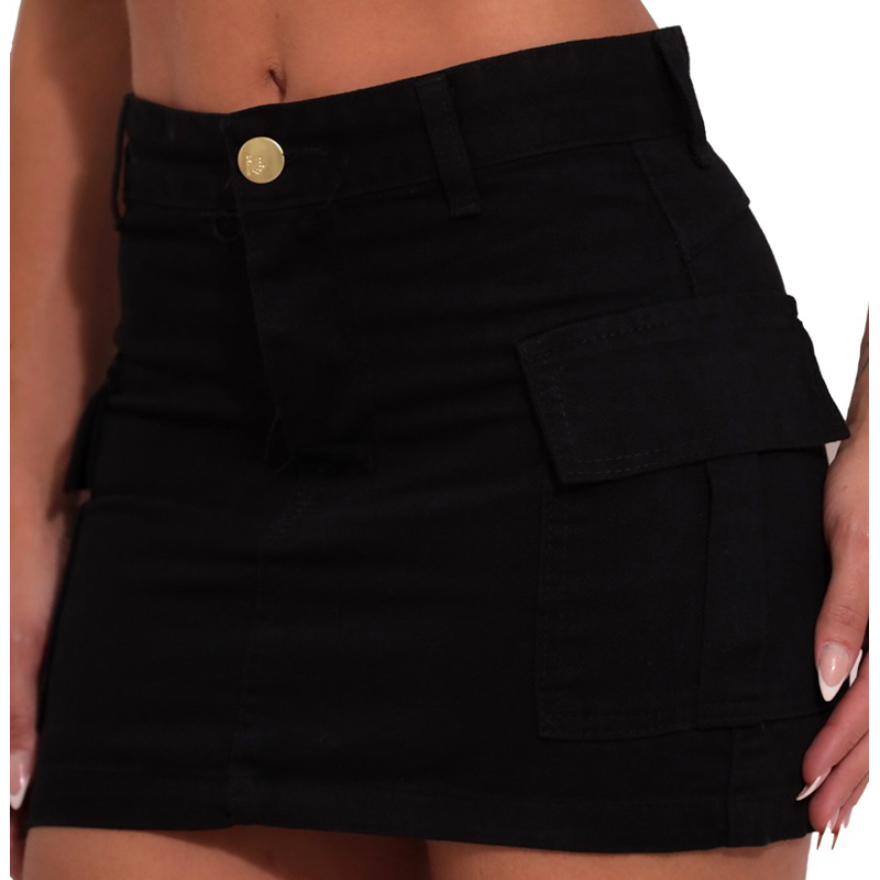 Saia Cargo Jeans Sarja Preta Feminia Premium Cintura Alta Modela Bumbum ...