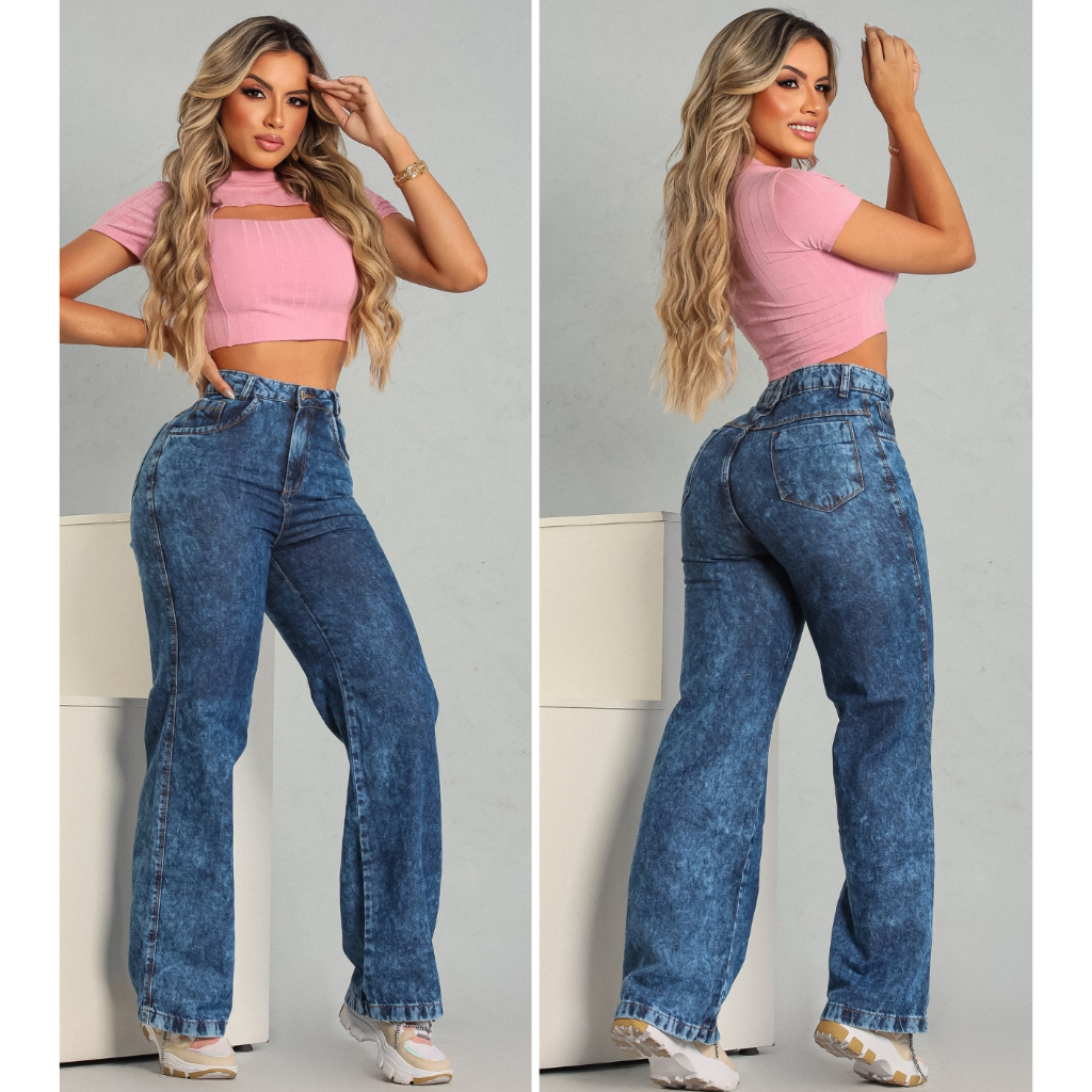 Calça Jeans Feminina Wide Leg pantalona Cintura Alta 100% Algodão