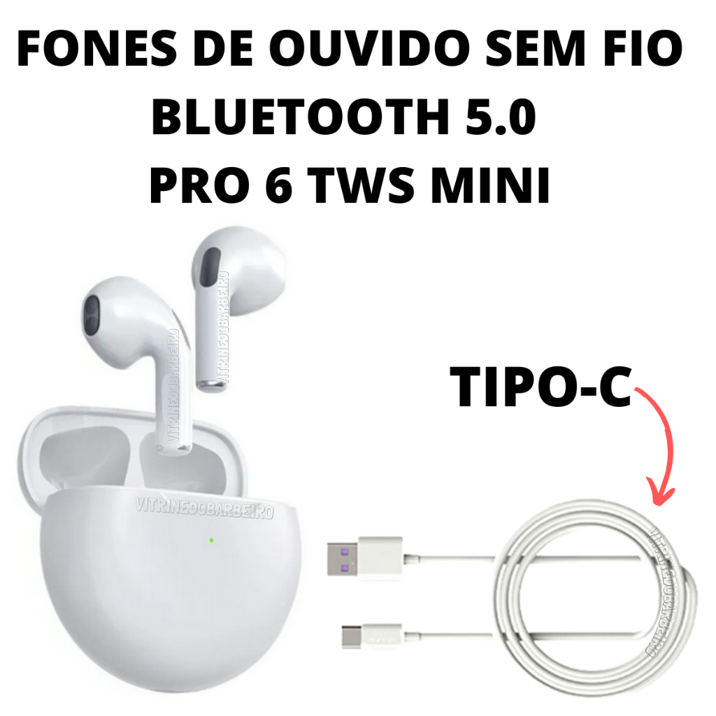 Fone Bluetooth TWS PRO 6 Branco sem Fio 5.0