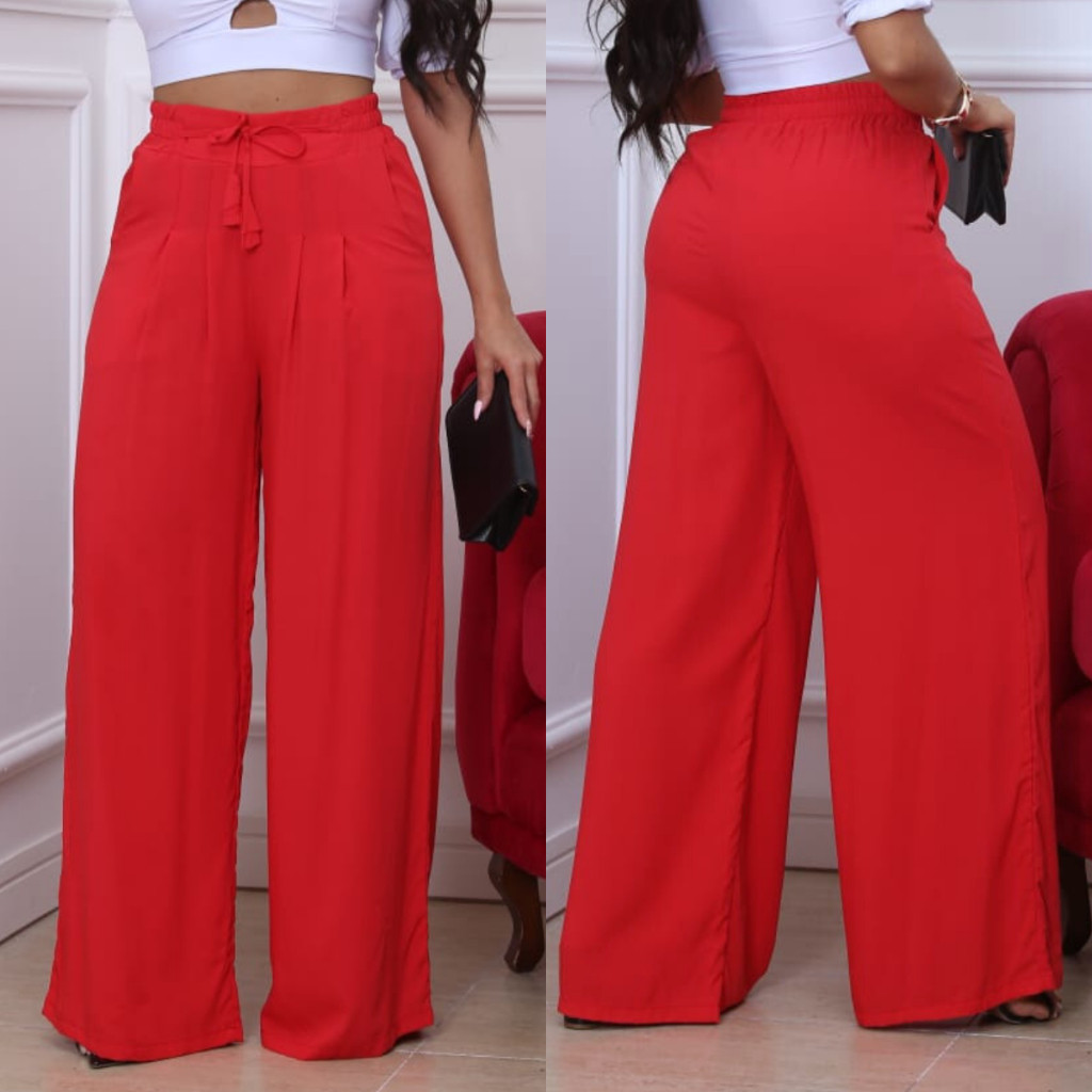 Calça Pantalona Viscolinho Longo Vermelho Com Forro e Bolsos
