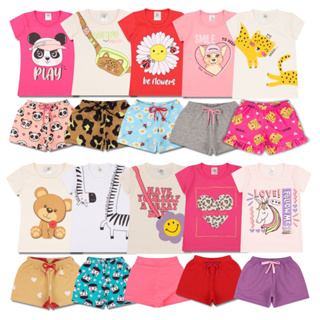 Kit Sortido 10 Peças de Roupas Infantil Menina - 5 Camisetas + 5 Bermudas - Promoção - Kit com 5 Conjuntos de Roupa Infantil Menina Verão Feminino Bebe Barato