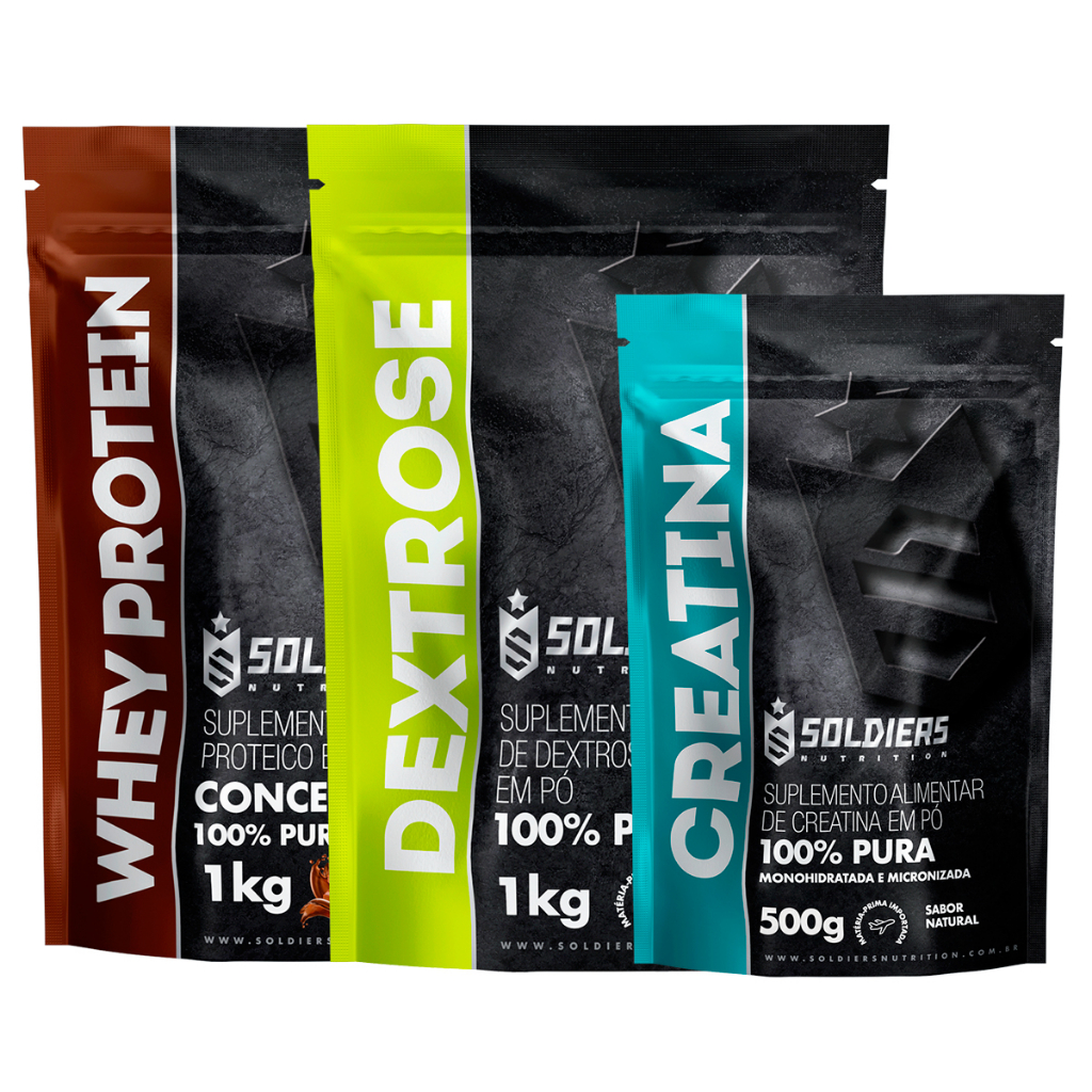 Kit: Whey Concentrado 2Kg + Dextrose 1Kg + Creatina Monohidratada 500g – 100% Importado – Soldiers Nutrition