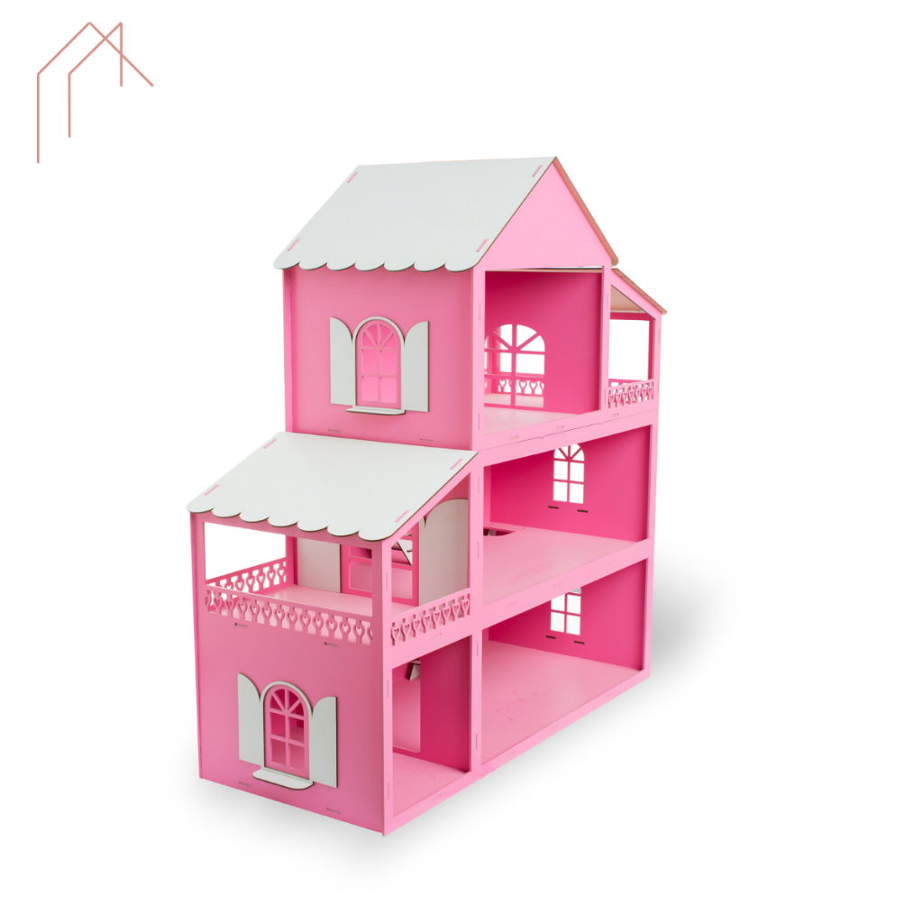 Casa Casinha Para Bonecas Barbie Polly Madeira Mdf Rosa e Branco