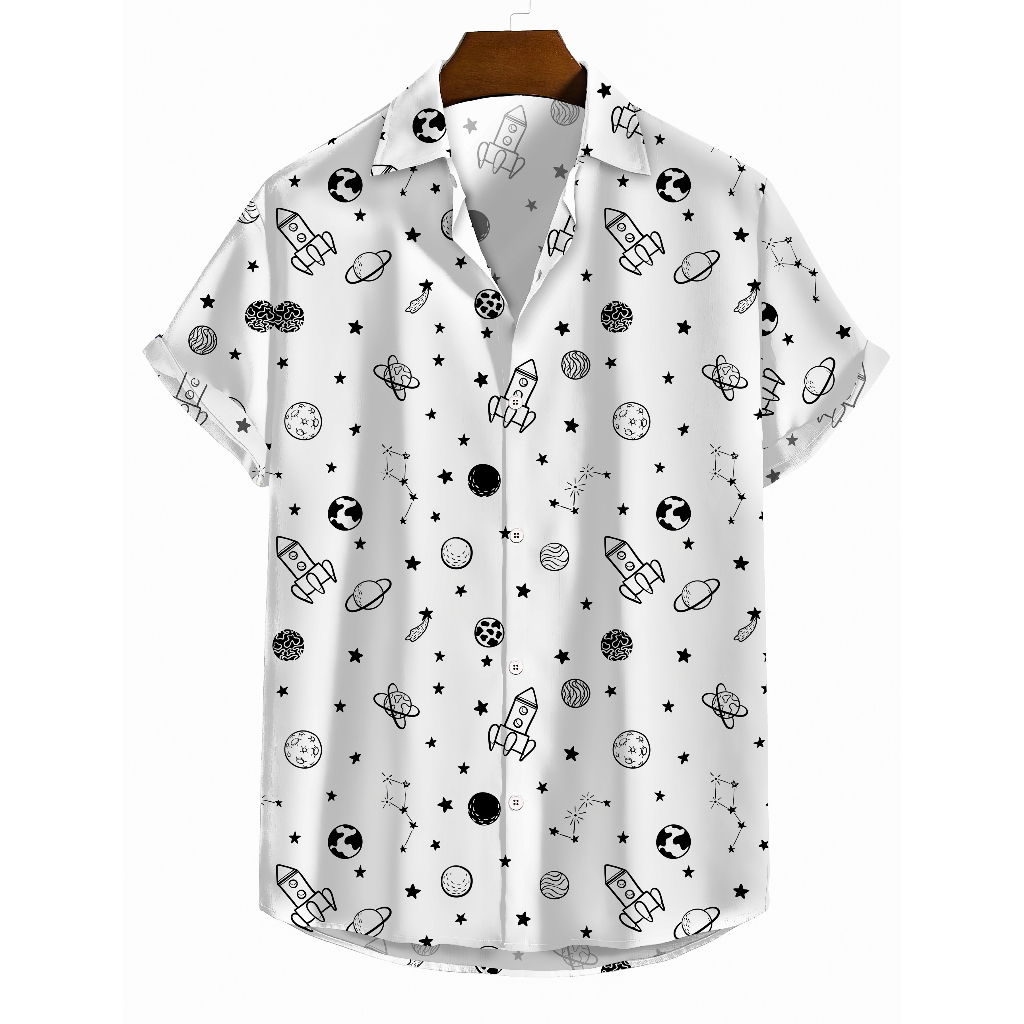 Camisa Moda Verão estampa Espaço planetas universo foguete branca