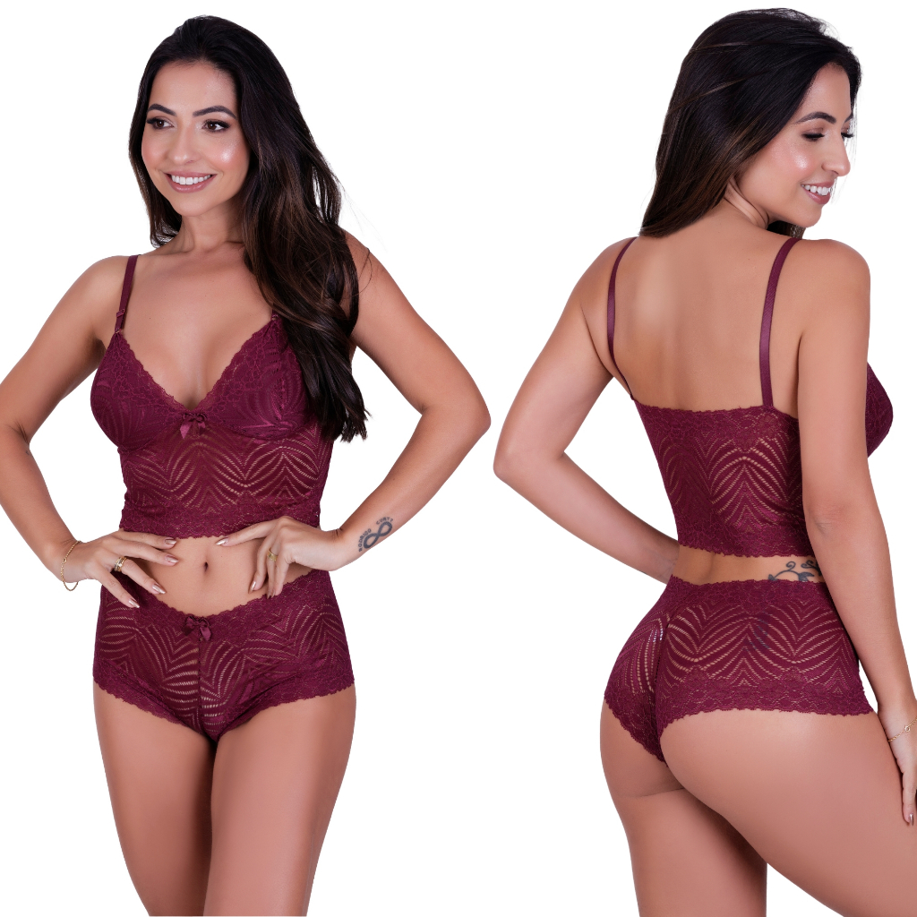 Conjunto De Lingerie Calcinha Caleçon Cropped Sem Bojo Langerie Sexy Shopee Brasil