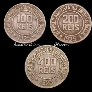 Lote de moedas antigas Brasil 100, 200 e 400 réis 1925.