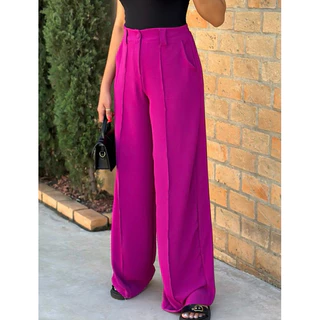 Calça Wide Leg Pantalona Lisa Feminina com Cintura Alta e Elástico na Cintura