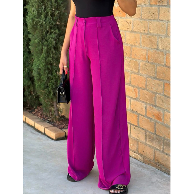 Calça Wide Leg Pantalona Lisa Feminina com Cintura Alta e Elástico na Cintura