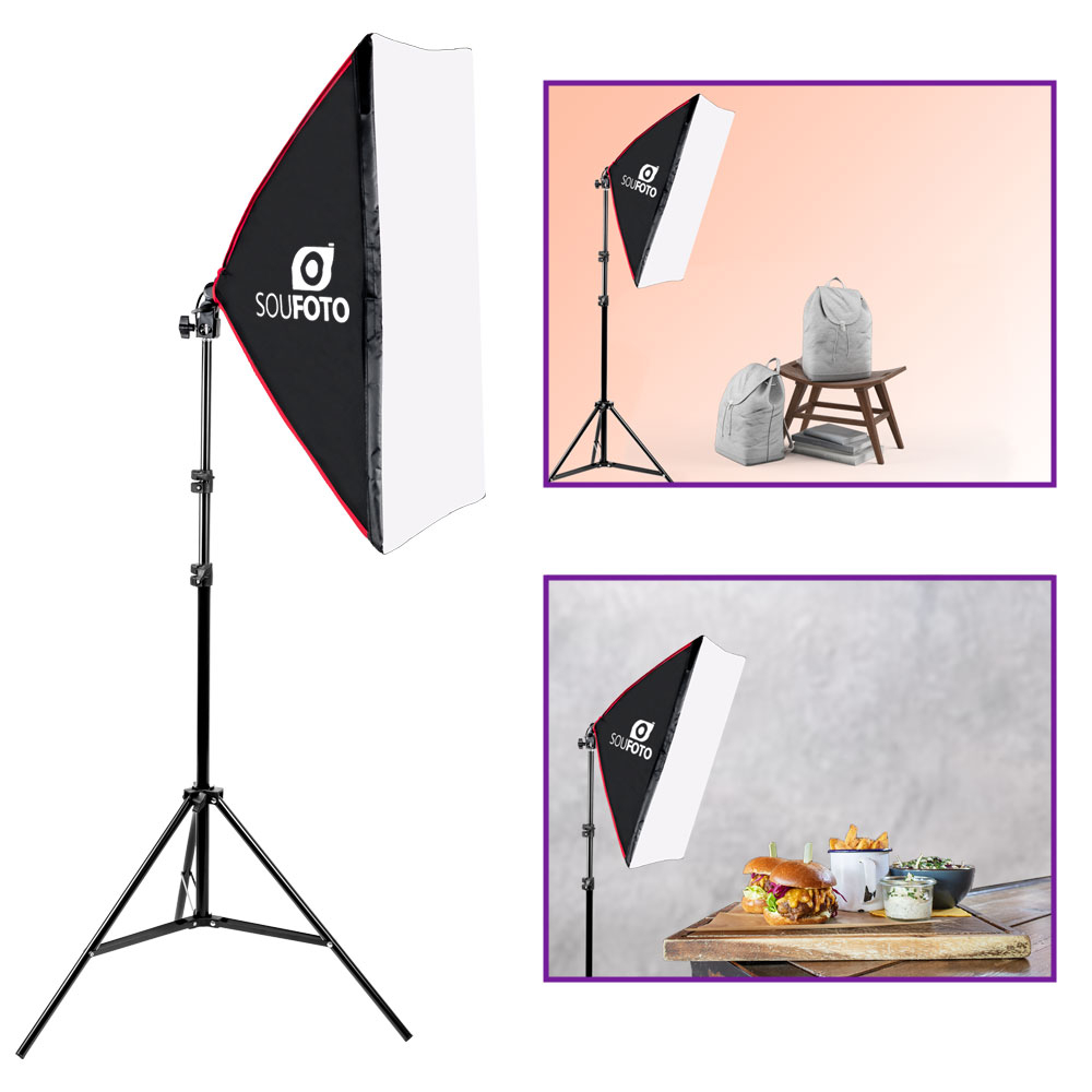Kit de Iluminação Softbox 50x70cm com Detalhes em Vermelho e Soquete E-27 Embutido e Tripé de 2 metros Sou Foto para Estúdio Fotográfico