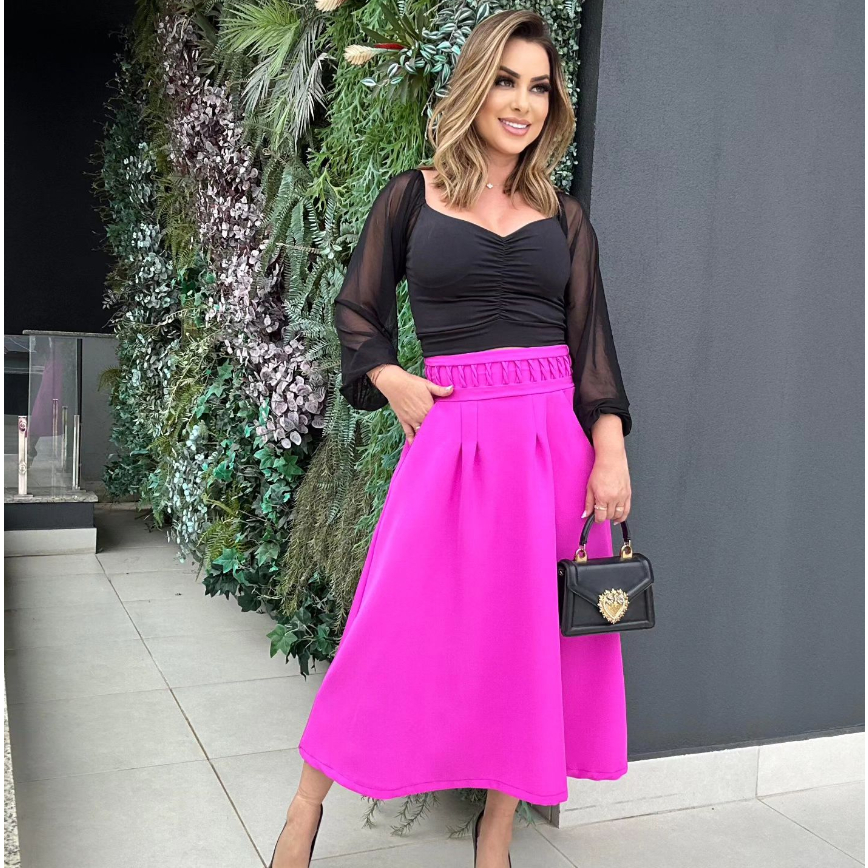 Saia Tecido de Alfaiataria Viscose Midi (média) Rosa Pink lisa Godê Evasê  Rodada Transpassada social marias moda evangélica