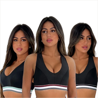 Kit 3 Top Feminino Academia Fitness Nadador Poliéster Sem Bojo Elástico Listrado