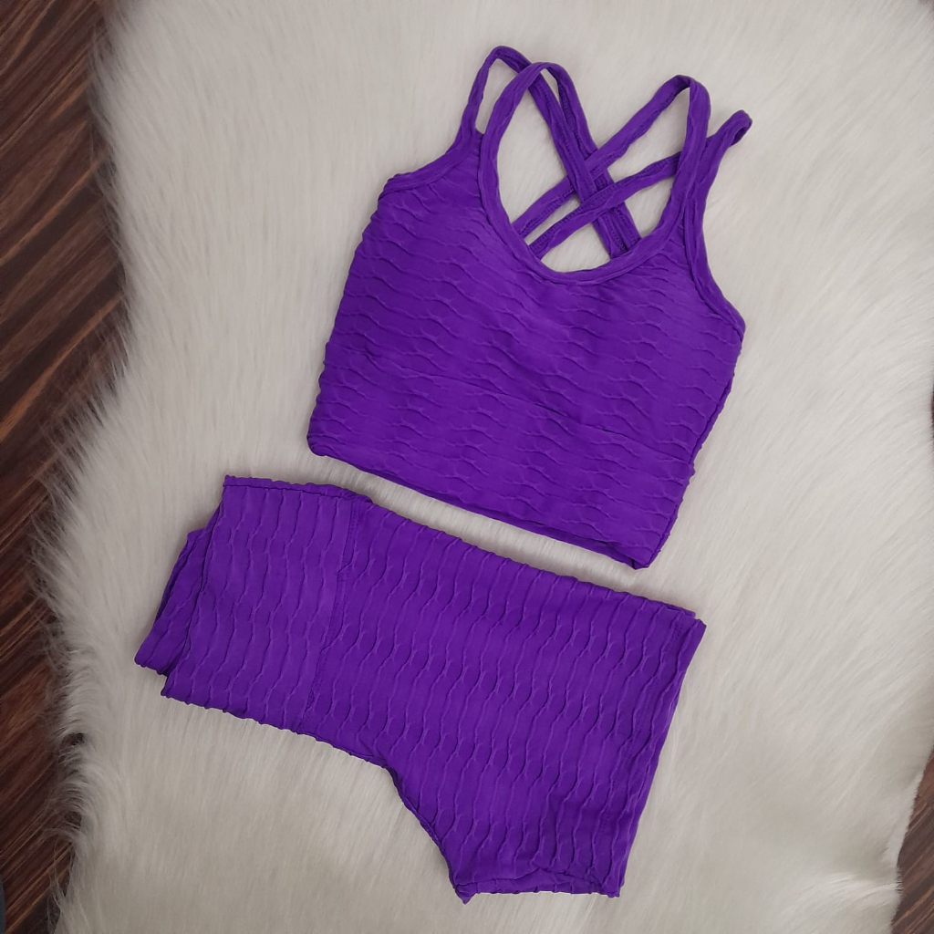 Conjunto Brocado Bolhas Top e Short Fitness Para Treino Academia