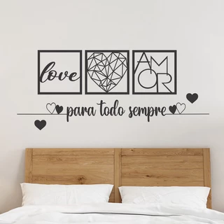 KIT 3 Quadros Para todo Sempre, Love e Coração Geométrico Amor + 2 Mini Apliques de Coração Frase de Parede Religioso MD