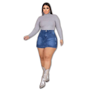 Short Saia Jeans Plus Size Feminino Rasgadinho Cintura Alta Com Lycra 48a56