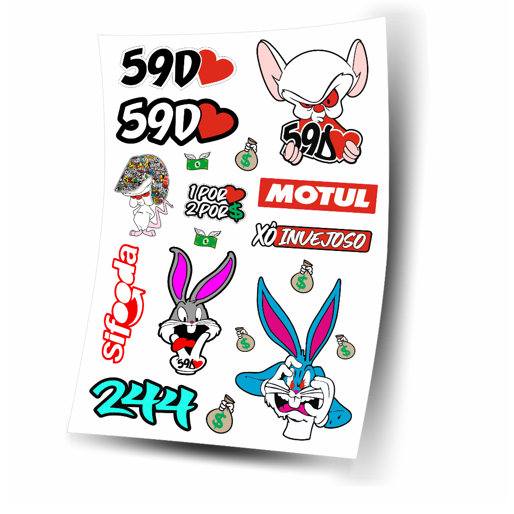 Cartela de Adesivos S12 para carro moto ou bike Sticker Notebook Bicicleta  Coelho Grau 244