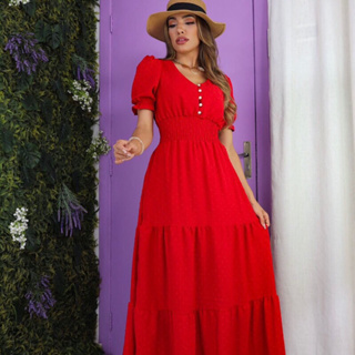 Vestido Feminino Longo Elegante Vermelho decote Princesa Moda