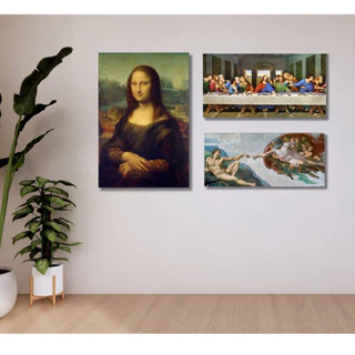 Kit 3 Quadros Decorativos Monalisa Santa Ceia e A Criação de Adão de Leonardo da Vinci Michelangelo Obras de artes em Tela Acetinada