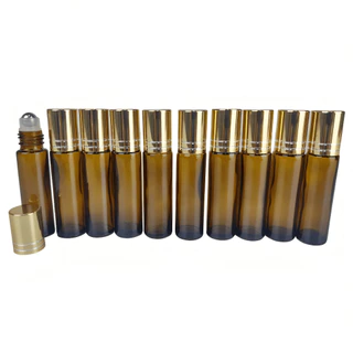 Kit com 10 Frascos Rollon PREMIUM em Vidro Ambar 10ml Para Óleos Essenciais, Aromaterapia, Perfumes