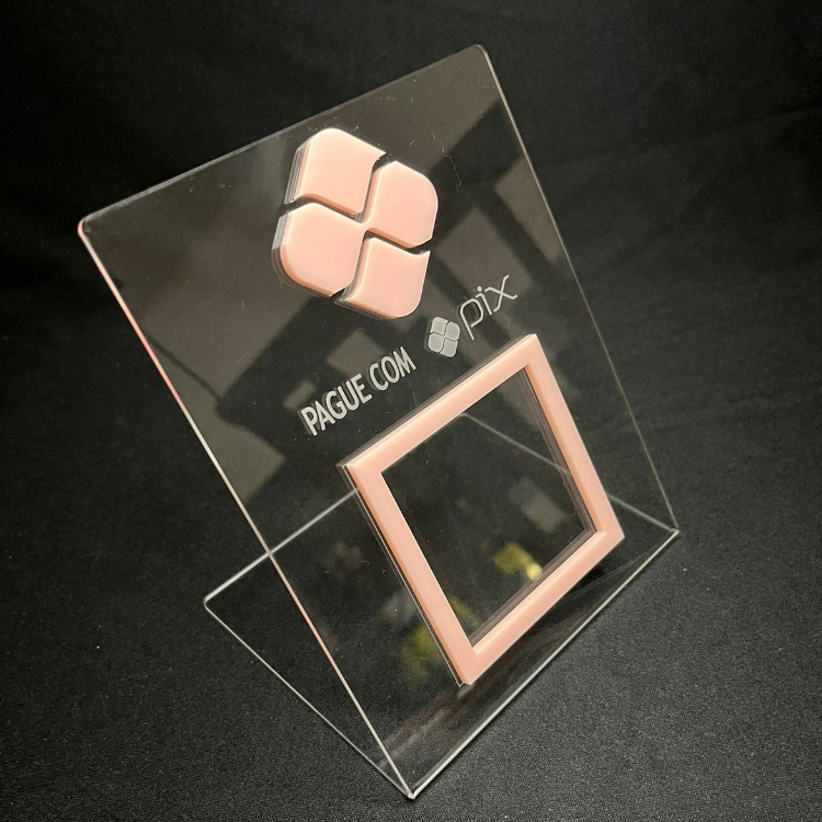 Suporte para Pix QR code em acrílico cristal e rosa
